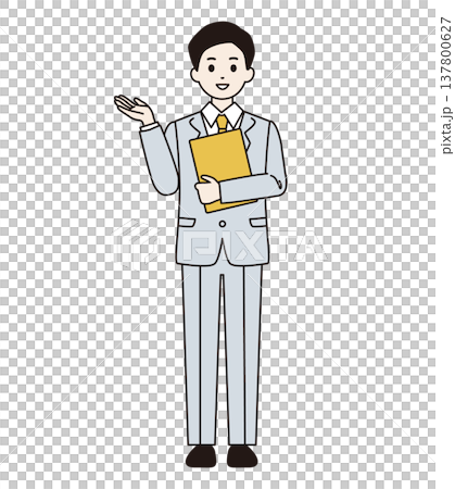 A man in a suit giving directions while holding a binder (full body) 137800627