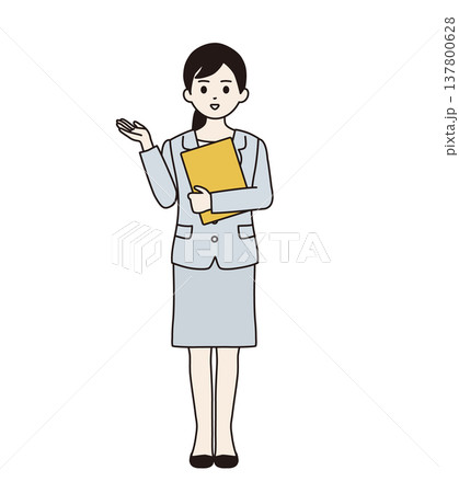 バインダーを持って案内をするスーツの女性　全身 137800628