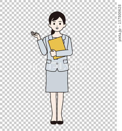 A woman in a suit holding a binder and giving directions (full body) 137800628