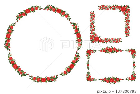Geometric frames made of red rosebuds. Wedding decoration. Blooming plants. Corner of leaves and blossoms. Roses bouquets. Round, square, and rectangular botanical borders vector set Geometric frames made of red rosebuds. Wedding decoration. Blooming plants. Corner of leaves and blossoms. Roses bouquets. Round, square, and rectangular botanical borders vector set 137800795