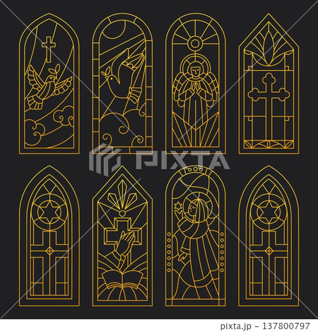Golden contour patterns of stained glass windows. Christian chapel ornament. Christianity architecture. Gothic windowsill. Vector set of religious line elements with biblical scenes 137800797