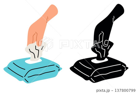 Hand reaches into plastic package and pulls out wet wipe. Disposable cleaning napkin dispenser. Antiseptic towel pack. Cosmetic tissue pouch. Vector set icons for use of hygiene products 137800799