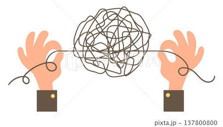 Hands holding large ball of tangled thread. Complex problem. Confusing situation. Mental mess. Psychological disorder treatment. Psychologist consultation Entangled mind. Vector concept 137800800