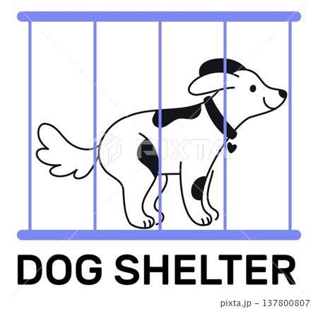 Happy dog in cage. Doggy shelter. Caring service for homeless domestic animals. Pets adoption. Canine veterinary. Mammal kennel with lattice. Unwanted or lost labrador. Vector concept 137800807