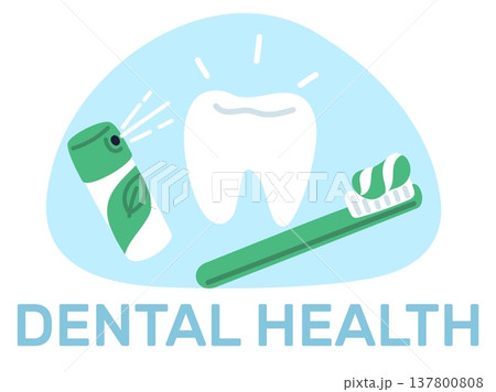 Healthy white tooth. Toothbrush with toothpaste and spray for fresh breath. Caries prevention. Oral hygiene. Molar enamel cleaning and whitening. Vector concept of dental health care 137800808