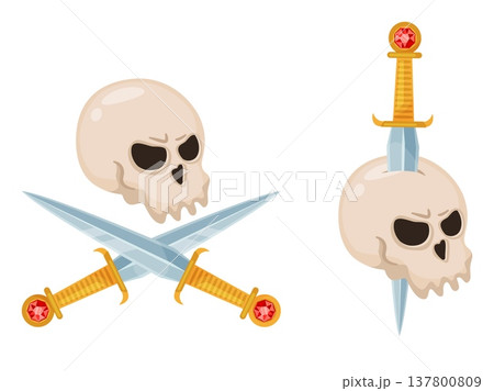 Human skull and crossed daggers. Skull with knife or sword sticking out. Pirate treasure icon. Face skeleton. Halloween decor. Dead corsair head with blades. Vector scary symbols set Human skull and crossed daggers. Skull with knife or sword sticking out. Pirate treasure icon. Face skeleton. Halloween decor. Dead corsair head with blades. Vector scary symbols set 137800809