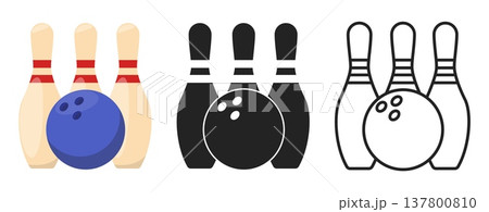 Icon of bowling ball and three pins for game. Sport competition. Skittles strike. Shot tournament. Gaming club. Sphere rolling into standing pins. Vector color or black silhouette signs set 137800810