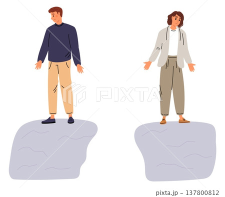 Man and woman stand on opposite sides of chasm. Family quarrel. Couple breakup. Relationship problems. People misunderstanding and disagreement. Gap between male and female. Vector concept 137800812