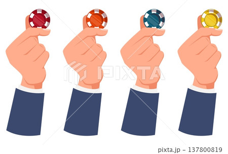 Mens hands hold colorful casino chips for gambling. Roulette wager. Tokens for Vegas gaming. Gamble round coin. Winning circles. Show gesture. Blackjack betting Gambler arms vector set Mens hands hold colorful casino chips for gambling. Roulette wager. Tokens for Vegas gaming. Gamble round coin. Winning circles. Show gesture. Blackjack betting Gambler arms vector set 137800819