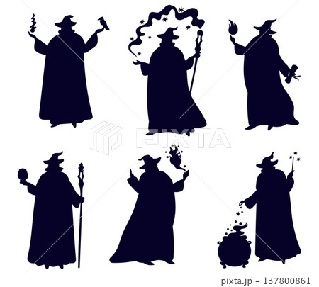 Old wizard with magical items casts spells. Cartoon magician character. Merlin poses. Mystery man in mantle makes potions. Warlock casts charms. Vector set with silhouette of sorcerer Old wizard with magical items casts spells. Cartoon magician character. Merlin poses. Mystery man in mantle makes potions. Warlock casts charms. Vector set with silhouette of sorcerer 137800861