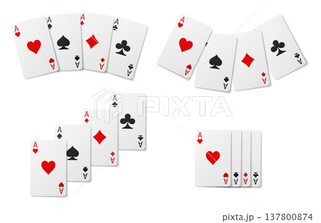 Realistic card set of four aces. Fortune game deck. Lucky chance isolated flush fan. Gaming spade front view. Vegas casino gamble. Blackjack win. Vector gambling set on white background Realistic card set of four aces. Fortune game deck. Lucky chance isolated flush fan. Gaming spade front view. Vegas casino gamble. Blackjack win. Vector gambling set on white background 137800874