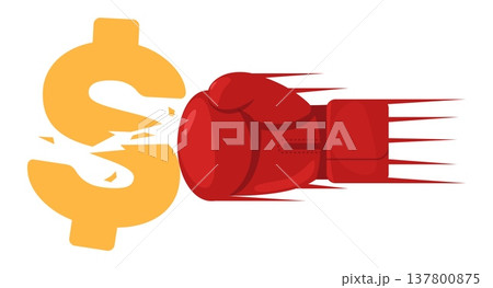 Red boxing glove smashes yellow dollar sign. Currency crash. Finance crash. Hand beating at money. Kickboxing attack. Uppercut to economy hegemony. Vector concept of dedollarization 137800875
