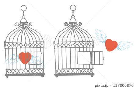 Red heart with wings flies away from metal cage. Love free flight. Romantic feeling imprison. Bondage or freedom for emotion expression. Enclosed relationship in birdcage. Vector concept Red heart with wings flies away from metal cage. Love free flight. Romantic feeling imprison. Bondage or freedom for emotion expression. Enclosed relationship in birdcage. Vector concept 137800876