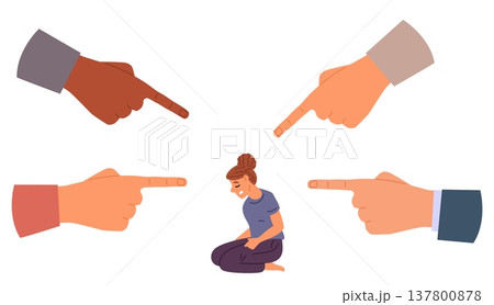 Sad young woman being pointed. Negative feedback from society. Pressure and blame to outcast. Unhappy victim of shame. Ashamed girl. Vector concept of bullying, ridicule and harassment Sad young woman being pointed. Negative feedback from society. Pressure and blame to outcast. Unhappy victim of shame. Ashamed girl. Vector concept of bullying, ridicule and harassment 137800878