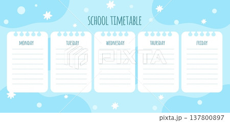 School timetable template. Weekly planner for school subjects. Lessons planning list. Blank notepaper pages. Daily organizer reminder. Children education. Vector students schedule design School timetable template. Weekly planner for school subjects. Lessons planning list. Blank notepaper pages. Daily organizer reminder. Children education. Vector students schedule design 137800897