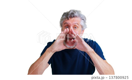 Senior man loudly announcing with hands cupping mouth 137800925