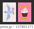 Romantic posters and postcards for Valentine's Day in cartoon style. Printable designs with cute bird with flower, cupcake with cream and pink hearts. Decor for holidays, weddings, celebrations, fests Romantic posters and postcards for Valentine's Day in cartoon style. Printable designs with cute bird with flower, cupcake with cream and pink hearts. Decor for holidays, weddings, celebrations, fests 137801171