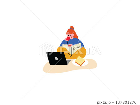 在宅ワークで働く女性のイラスト 137801276