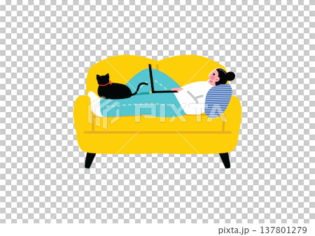 リモートでまったり働く女性のイラスト リモートでまったり働く女性のイラスト 137801279