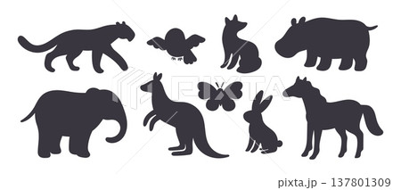 Silhouettes of cartoon animals. Wild fauna. Kangaroo and elephant. Owl bird and butterfly flying. Forest rabbit. Horse black figure. Hippopotamus and tiger. Vector graphic elements set 137801309