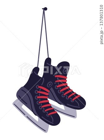 Skates for winter sports such as figure skating or hockey hang on wall. Sportsman stuff and clothing. Player boots with blades. Champion equipment. Vector isolated athletic footwear Skates for winter sports such as figure skating or hockey hang on wall. Sportsman stuff and clothing. Player boots with blades. Champion equipment. Vector isolated athletic footwear 137801310