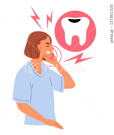 Young woman suffers from toothache. Girls teeth hurt because of molar decay. Dentist patient. Painful sensitive tooth. Mouth ache. Medical symptoms. Caries cavity pain. Vector concept Young woman suffers from toothache. Girls teeth hurt because of molar decay. Dentist patient. Painful sensitive tooth. Mouth ache. Medical symptoms. Caries cavity pain. Vector concept 137801328