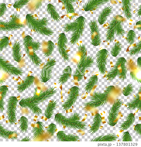 Festive seamless pattern with christmas tree branches and gold bright confetti on transparent background. Christmas gifts wrapping template. Winter holidays background design vector illustration. 137801329
