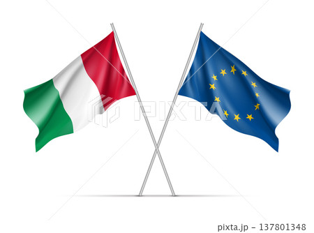 Italy and European Union waving flags on flagpole. EU sign with twelve gold stars on blue and Italy national symbol green, white and red colors. Two flags isolated on white background 137801348
