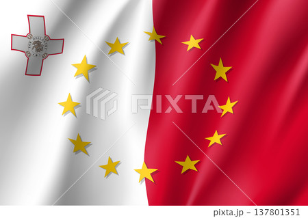 Malta national flag with a circle of European Union twelve gold stars, identity and unity with EU, member since 1 May 2004. Realistic vector style illustration 137801351