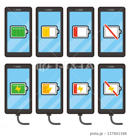 バッテリーアイコン表示のあるスマートフォンと充電されるスマートフォンのイラストセット 137801396