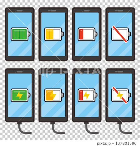 バッテリーアイコン表示のあるスマートフォンと充電されるスマートフォンのイラストセット 137801396