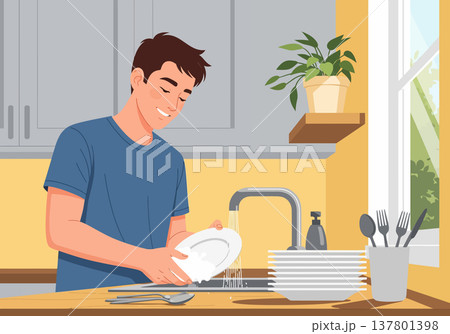 Man washing dishes in kitchen sink Man washing dishes in kitchen sink 137801398