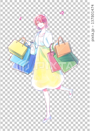 買い物袋をたくさん持った女性　春 137801474