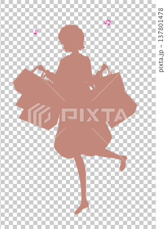 買い物袋をたくさん持った女性　春　シルエット 137801478