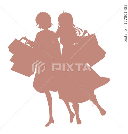 買い物袋をたくさん持った女性2人　春　シルエット 137801483