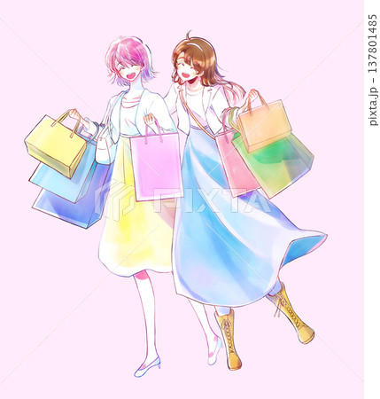 買い物袋をたくさん持った女性2人　笑顔　春 137801485