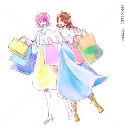 買い物袋をたくさん持った女性2人 笑顔 春 買い物袋をたくさん持った女性2人 笑顔 春 137801486