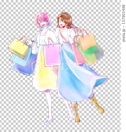 買い物袋をたくさん持った女性2人 笑顔 春 買い物袋をたくさん持った女性2人 笑顔 春 137801486