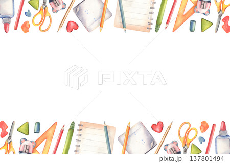 Hand-painted watercolor horizontal frame, stationary, pencils, ruler, eraser, sharpener, notebook, isolated on white. Perfect for kids posters, education materials, school designs, invitations, decor Hand-painted watercolor horizontal frame, stationary, pencils, ruler, eraser, sharpener, notebook, isolated on white. Perfect for kids posters, education materials, school designs, invitations, decor 137801494
