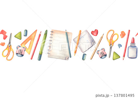 Hand-painted watercolor seamless border, stationary, pencils, ruler, eraser, sharpener, notebook, isolated on white. Perfect for kids posters, education materials, school designs, invitations, decor 137801495