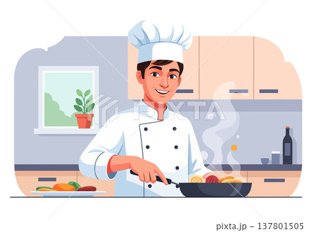Young chef in uniform cooking food and smiling at camera Young chef in uniform cooking food and smiling at camera 137801505