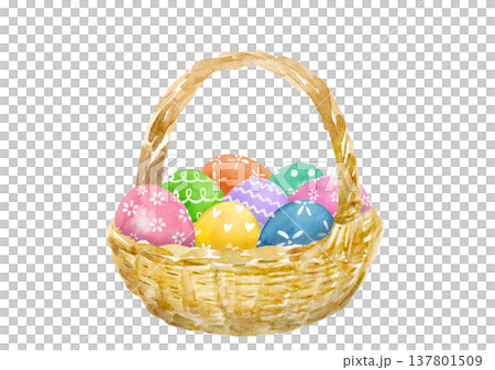 A hand-drawn watercolor illustration of Easter eggs in a basket. A hand-drawn watercolor illustration of Easter eggs in a basket. 137801509