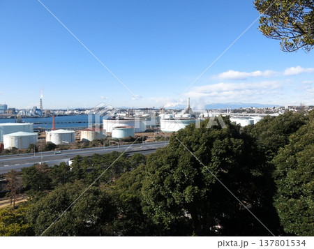 横浜市の三溪園にある松風閣（展望台）からの眺め（富士山・丹沢山地方向） 137801534
