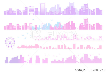 春の街並みのシルエットイラストのセット 背景イラスト 都市景観 桜 春の街並みのシルエットイラストのセット 背景イラスト 都市景観 桜 137801746