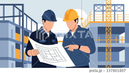Two construction engineers in safety helmets are working on a construction site 137801807