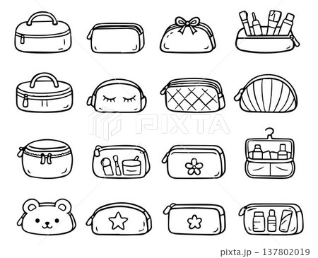 A set of cosmetic bags with different prints. Hand-drawn vector cosmetic bags. Vector illustration. A set of cosmetic bags with different prints. Hand-drawn vector cosmetic bags. Vector illustration. 137802019