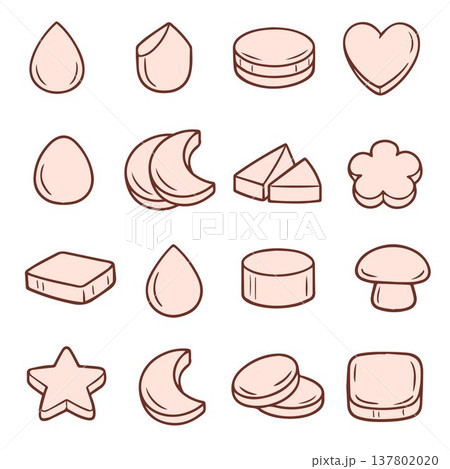 A set of pink makeup sponges—round, teardrop, and cone-shaped—for applying foundation and powder. Soft, pastel-colored beauty tools with a smooth, matte finish. Doodle style. A set of pink makeup sponges—round, teardrop, and cone-shaped—for applying foundation and powder. Soft, pastel-colored beauty tools with a smooth, matte finish. Doodle style. 137802020
