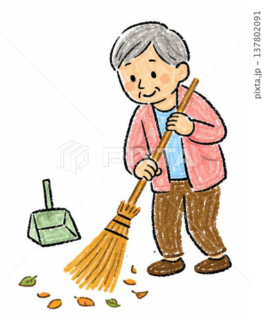 竹ぼうきで歩道を掃除するおばあちゃん 137802091