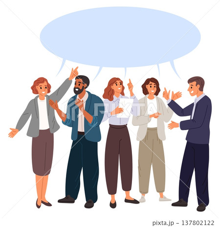 Brainstorming or collective discussion of business strategy. Communication with colleagues. Exchange of opinions within office team. Efficient teamwork. Businessmen debate. Vector concept 137802122