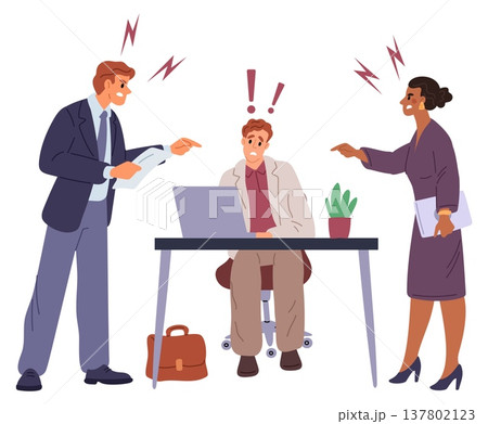 Bullying by colleagues or boss at work. People point their fingers at male colleague and shout. Unhappy victim. Negative feedback from office team. Conflict at workplace. Vector concept Bullying by colleagues or boss at work. People point their fingers at male colleague and shout. Unhappy victim. Negative feedback from office team. Conflict at workplace. Vector concept 137802123